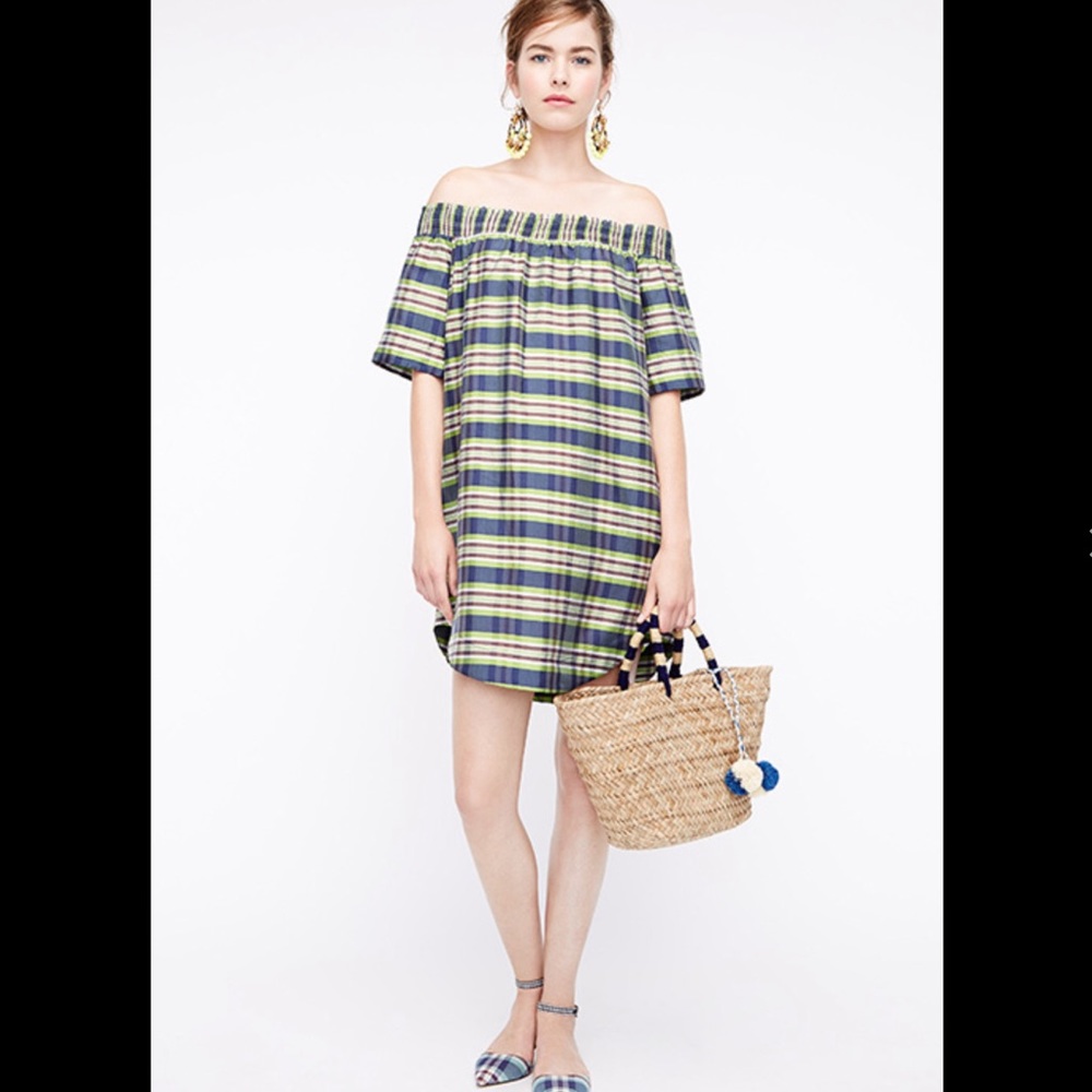 J. Crew Collection Plaid Silk Off Shoulder Dress